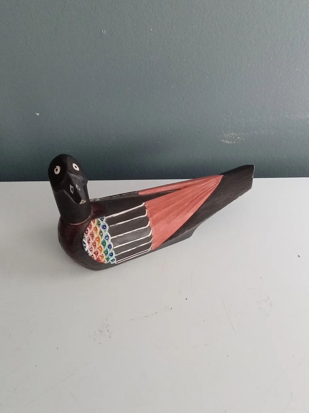 Handpainted Black & Coral Decorative Bird Figurine
